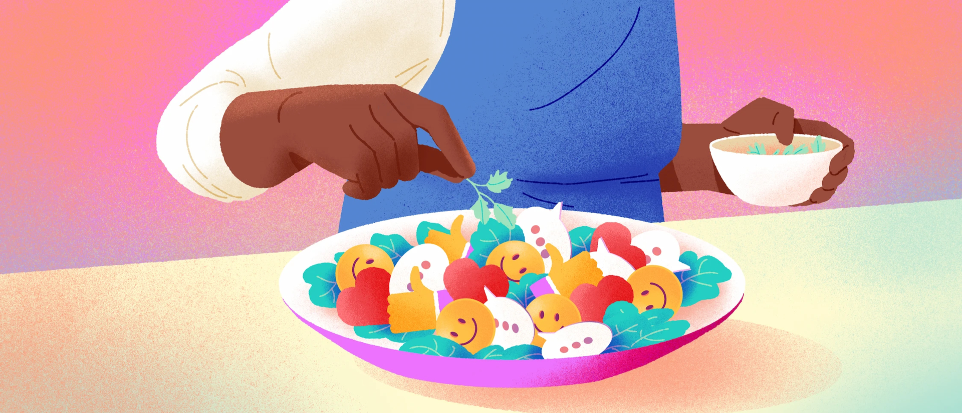 Chef de restaurant saupoudrant une herbe sur le dessus d'un plat. Ce dernier est composé de différents emojis.