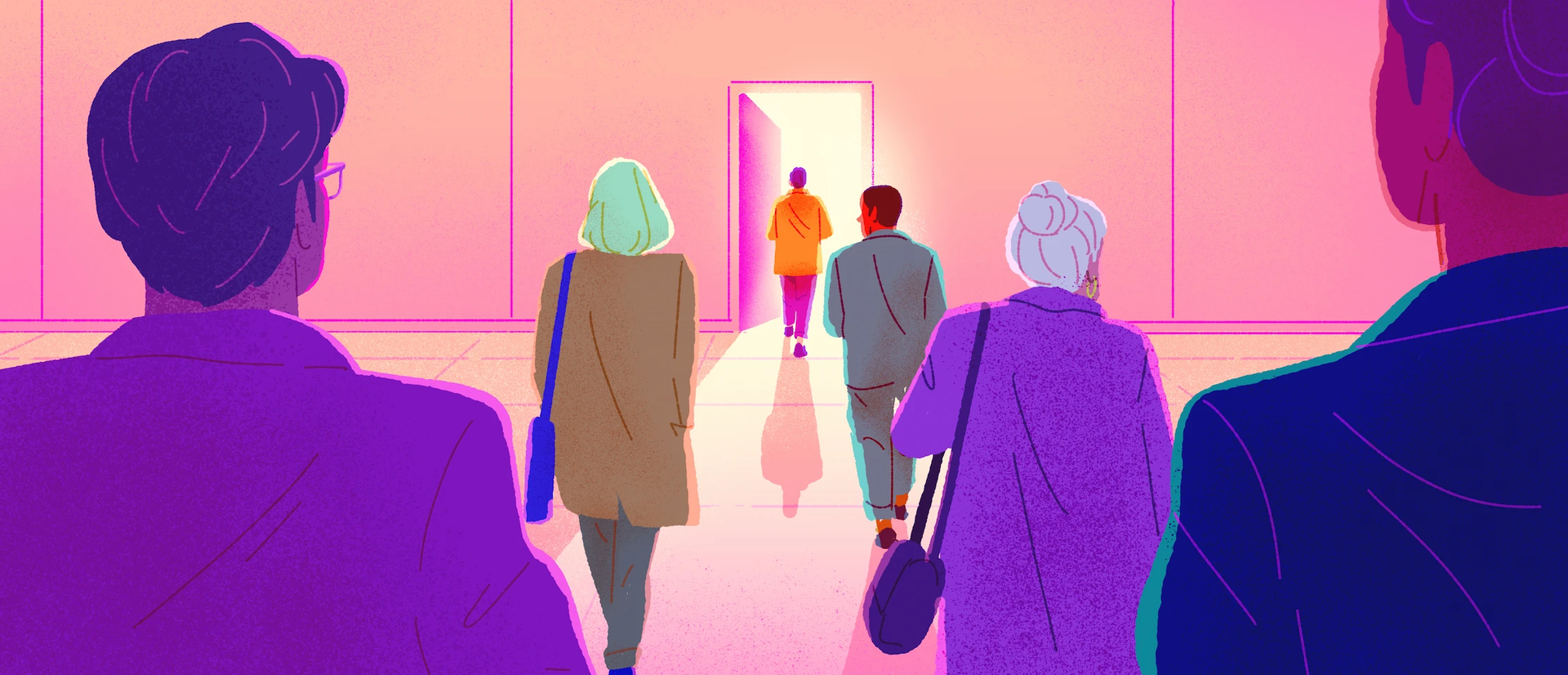 Several employees seen from behind, heading for a door.