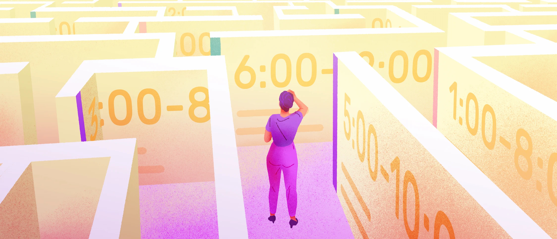 Une gestionnaire vue en plongée dans un labyrinthe. Sur les murs sont représentés des quarts de travail.