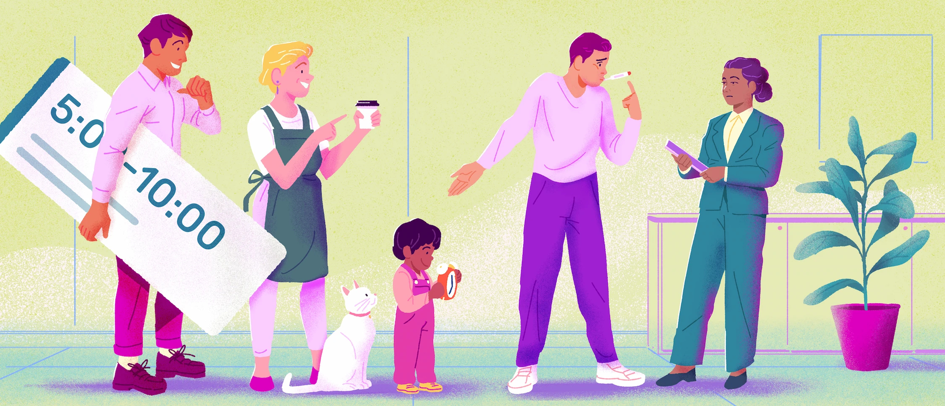 Several employees arriving late and giving their manager various excuses.