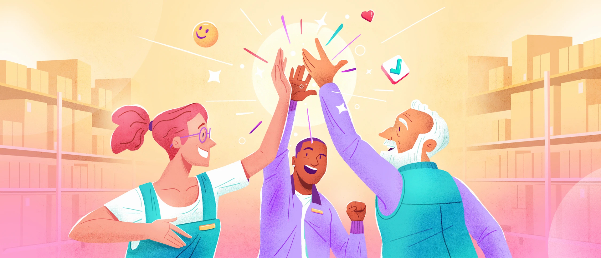 Three employees forming a multigenerational team high-five each other. The group is in a warehouse.