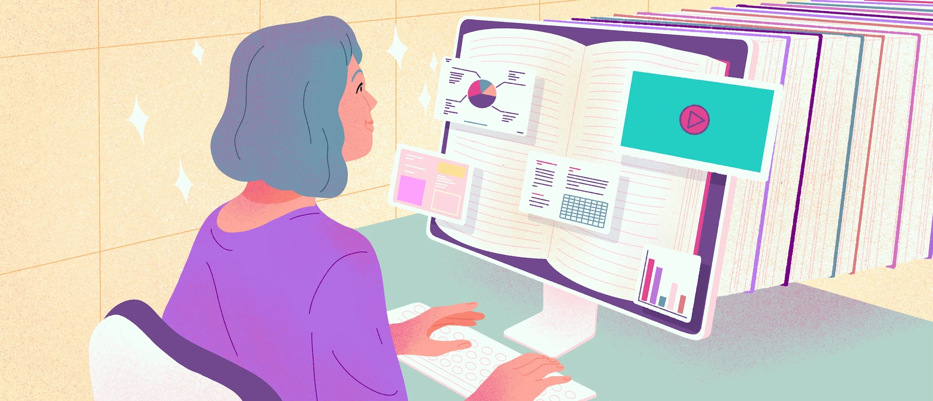 Une gestionnaire, assise devant son ordinateur, consulte un système de gestion de l'apprentissage. Des icônes apparaissent à l'écran.