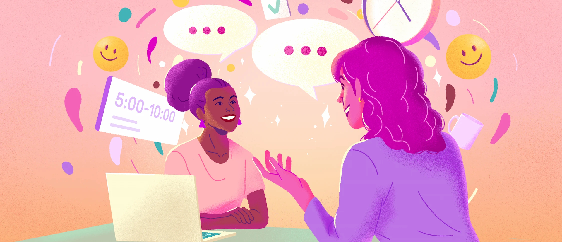 A manager and her employees are conducting a face-to-face stay interview at a desk. A cloud of icons (text bubbles, smiley faces, shift symbols) surrounds them.
