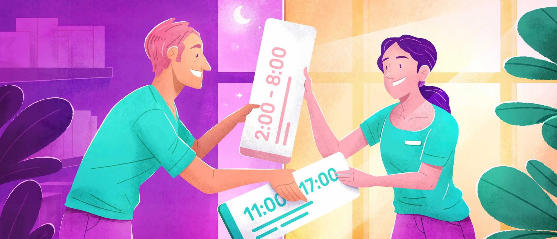 Deux personnes faisant un changement de quart.