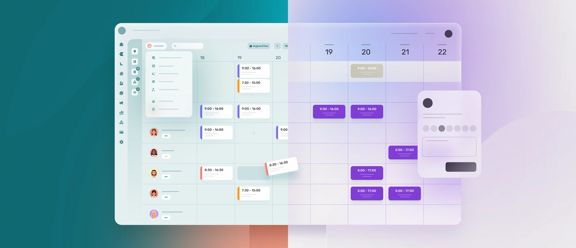 A schedule planner split into two parts. On one side, you see a planner section in Agendrix colors; on the other, in Homebase colors.