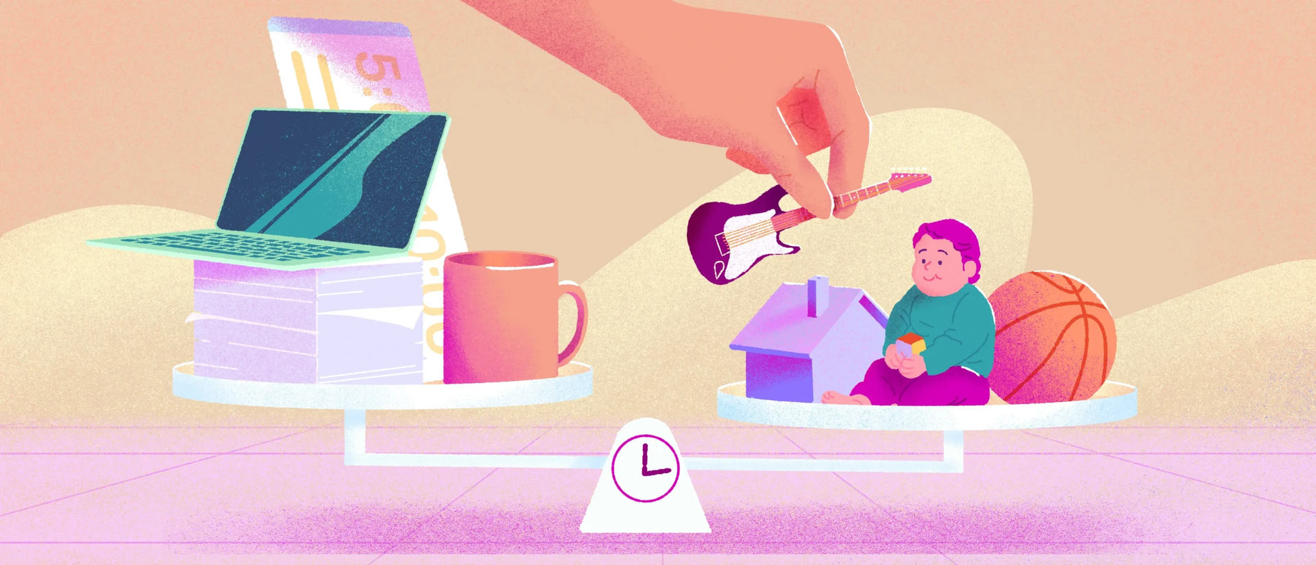 Représentation du principe d’horaire flexible : une balance avec, à gauche, des éléments liés au travail, et à droite, des éléments liés à la vie personnelle.