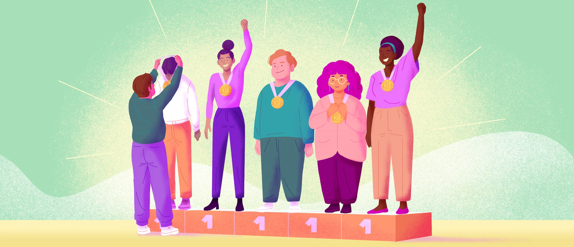 plusieurs personnes différentes sur un podium avec toutes la première place