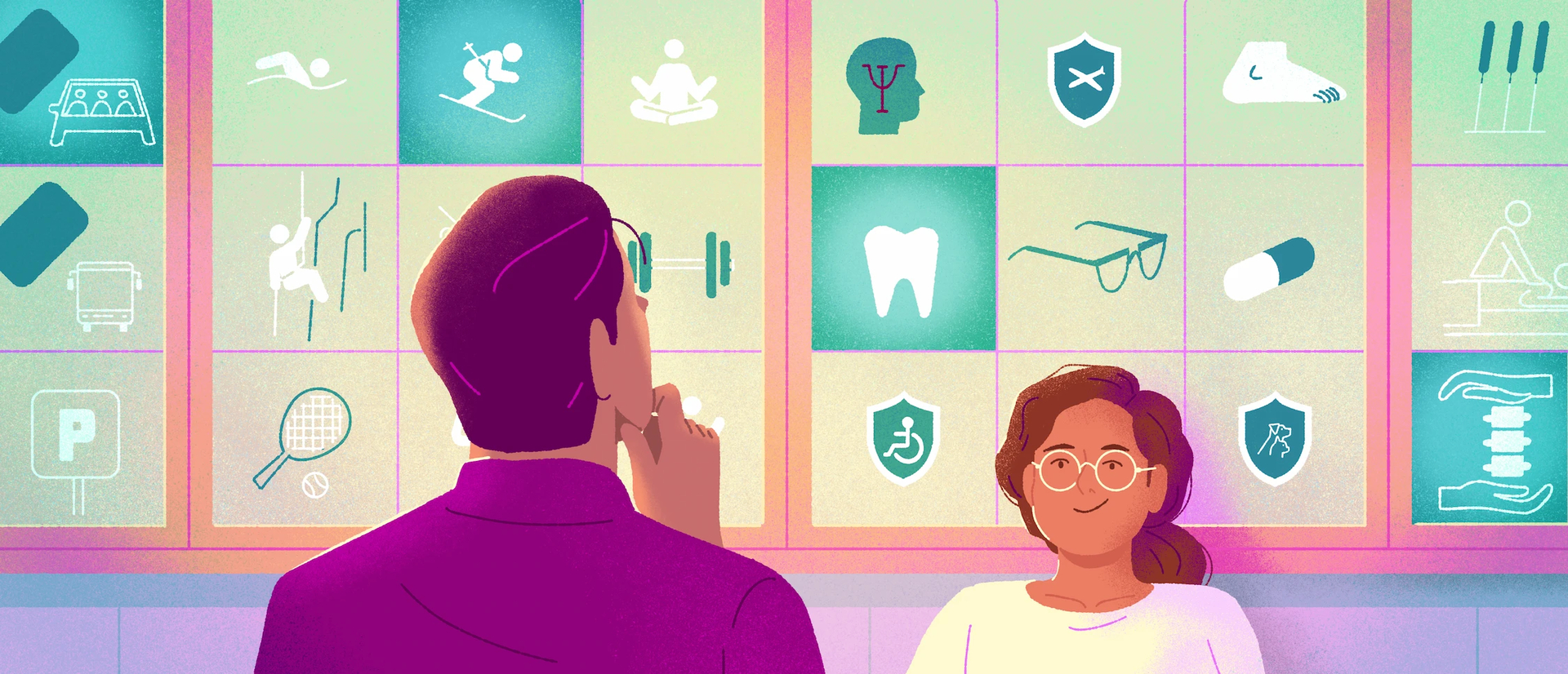 Un gestionnaire devant un mur d’exemples d’avantages sociaux flexibles.