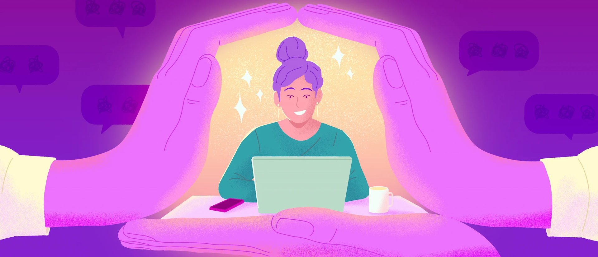 An employee surrounded by hands. She is a victim of toxic behavior at work.