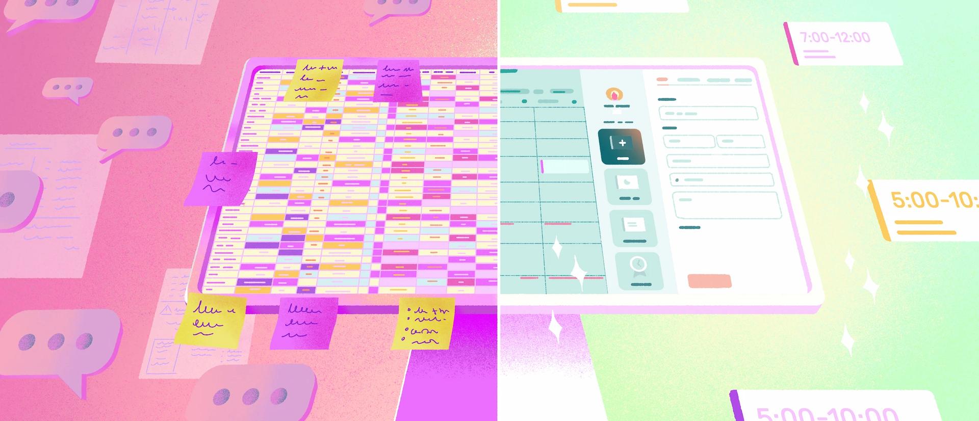 A split-screen visual. On the left side, there’s an overflowing Excel file surrounded by sticky notes and icons. On the right side, you see the Agendrix shift scheduling app, where everything is neatly organized and simple.