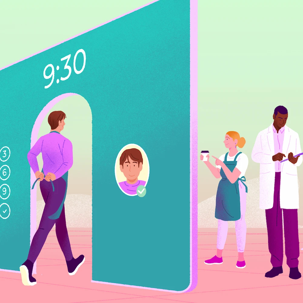 An employee steps through a portal into one of the best employee time tracking apps, where managers from various industries await on the other side.