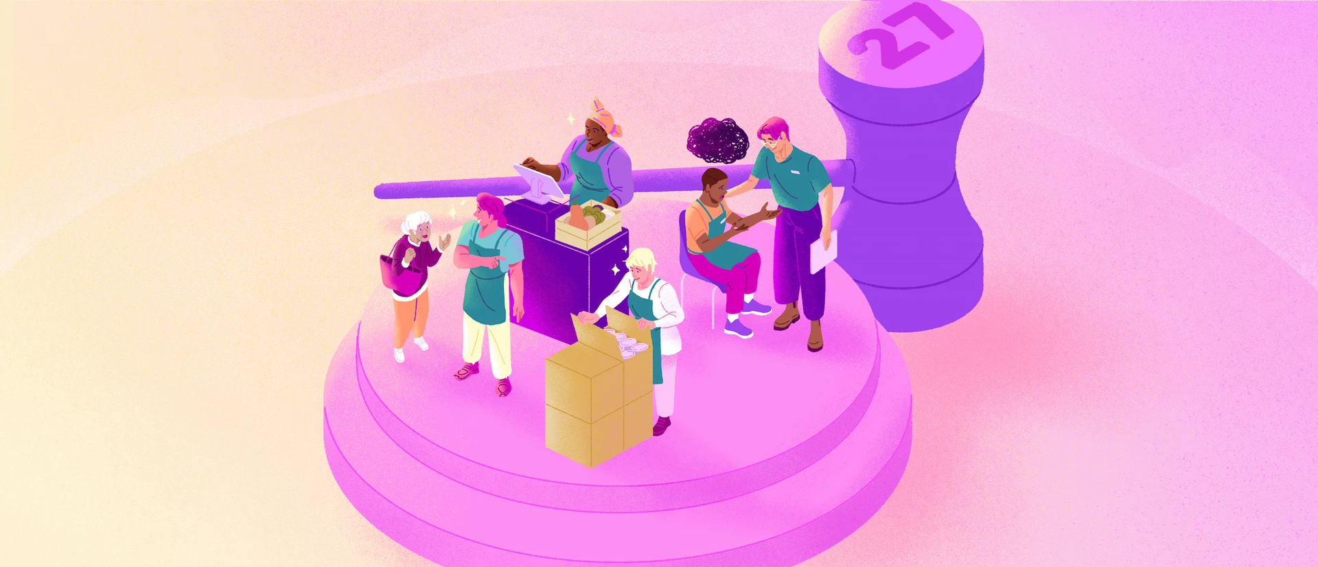 4 retail workers on a giant gavel base with a giant gavel next to them