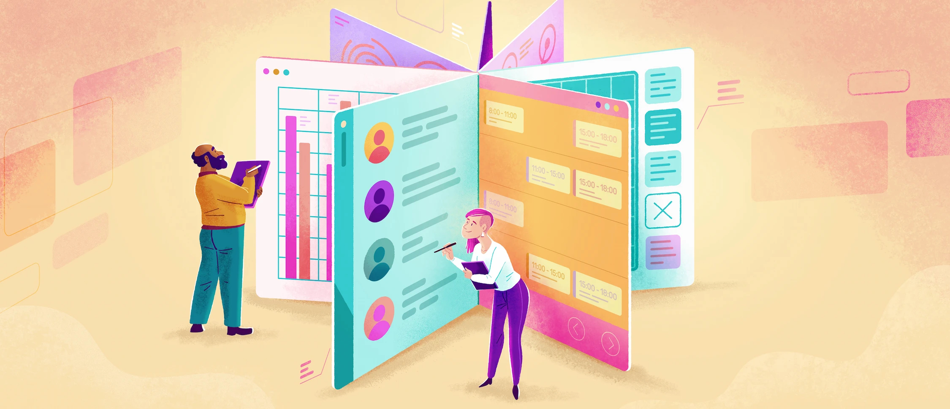 Illustration de deux gestionnaires consultant un logiciel de planning avec horaires et profils d'employés.