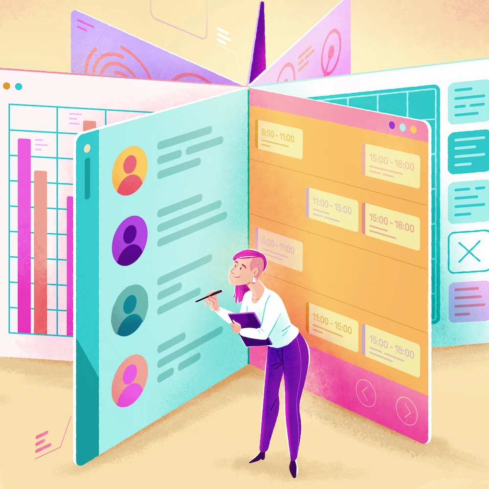 Illustration de deux gestionnaires consultant un logiciel de planning avec horaires et profils d'employés.