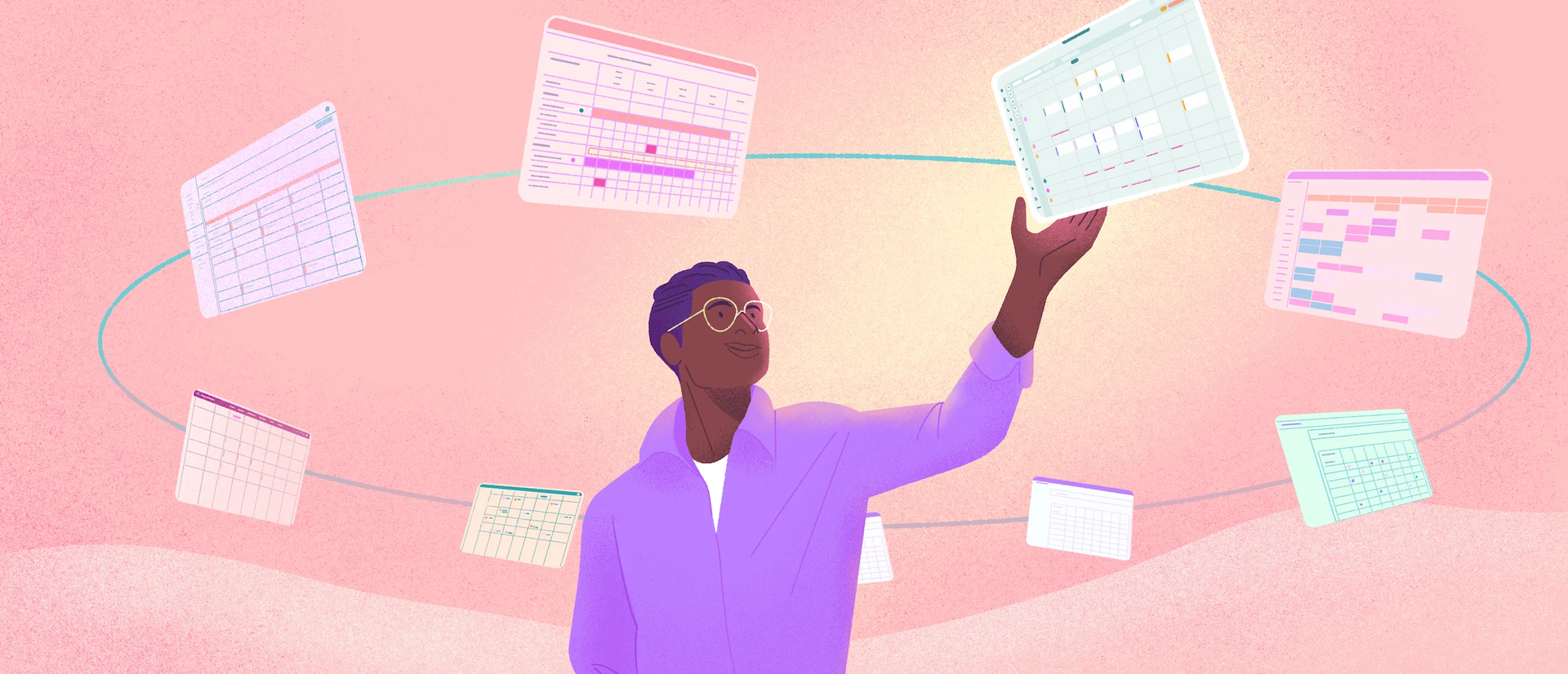 Illustration d’une personne utilisant une application de gestion des horaires pour organiser et visualiser plusieurs plannings de travail.