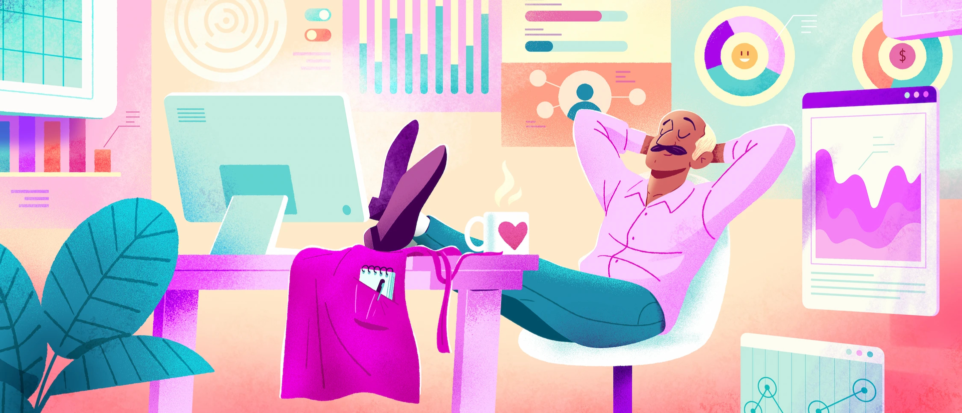 A manager leaning against their desk, surrounded by the key features offered by the best HRIS software.