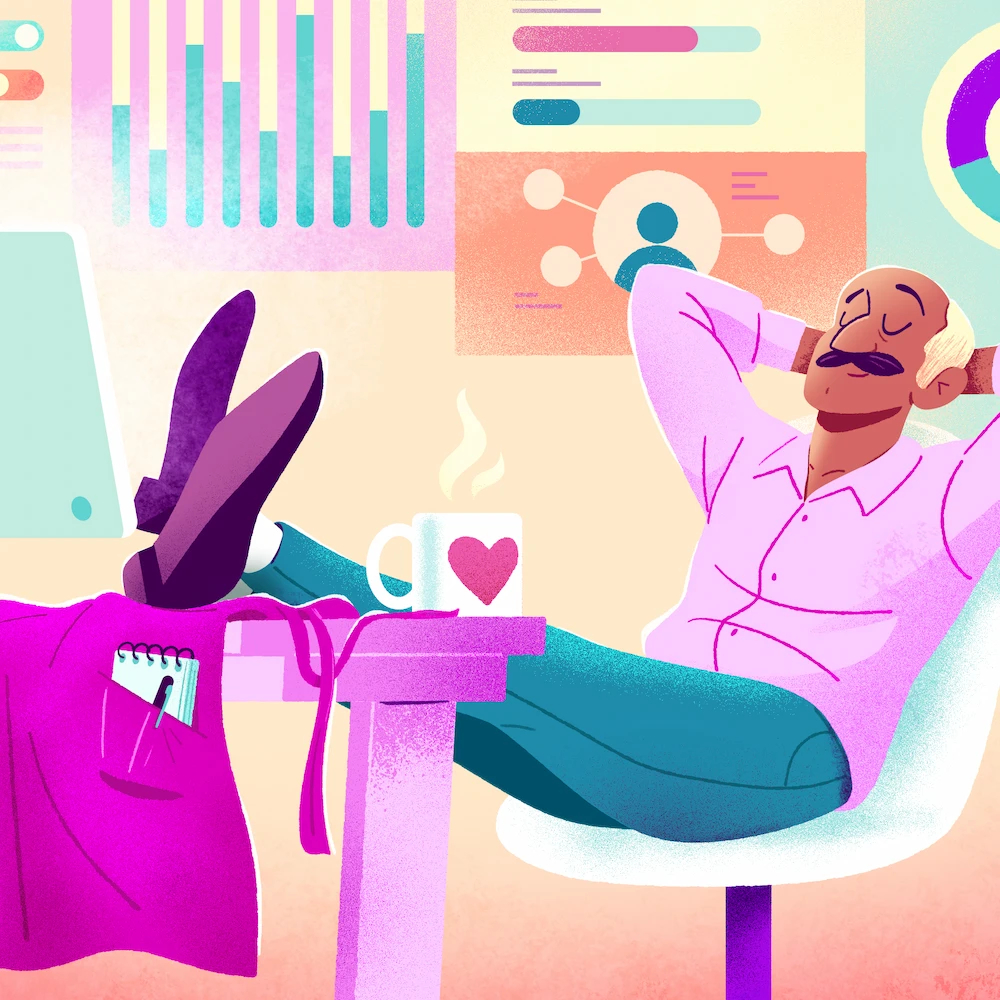 A manager leaning against their desk, surrounded by the key features offered by the best HRIS software.