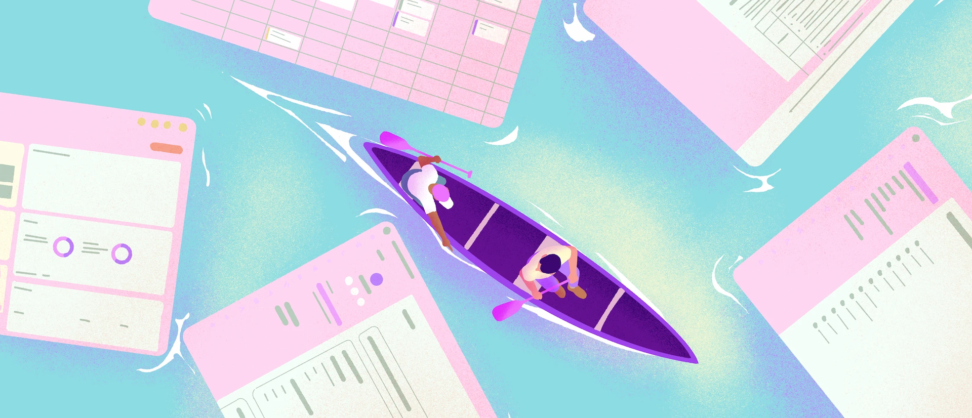 People paddling a canoe through a sea of the best HR software for small businesses.