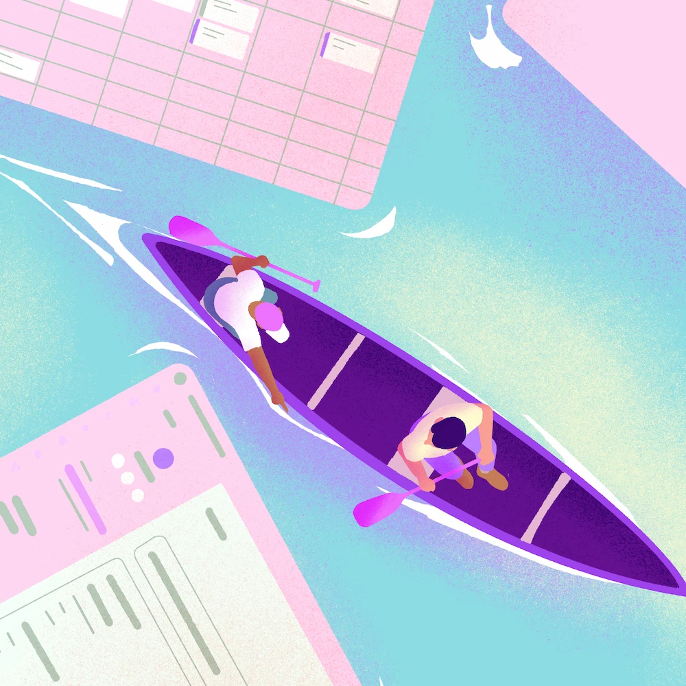 People paddling a canoe through a sea of the best HR software for small businesses.