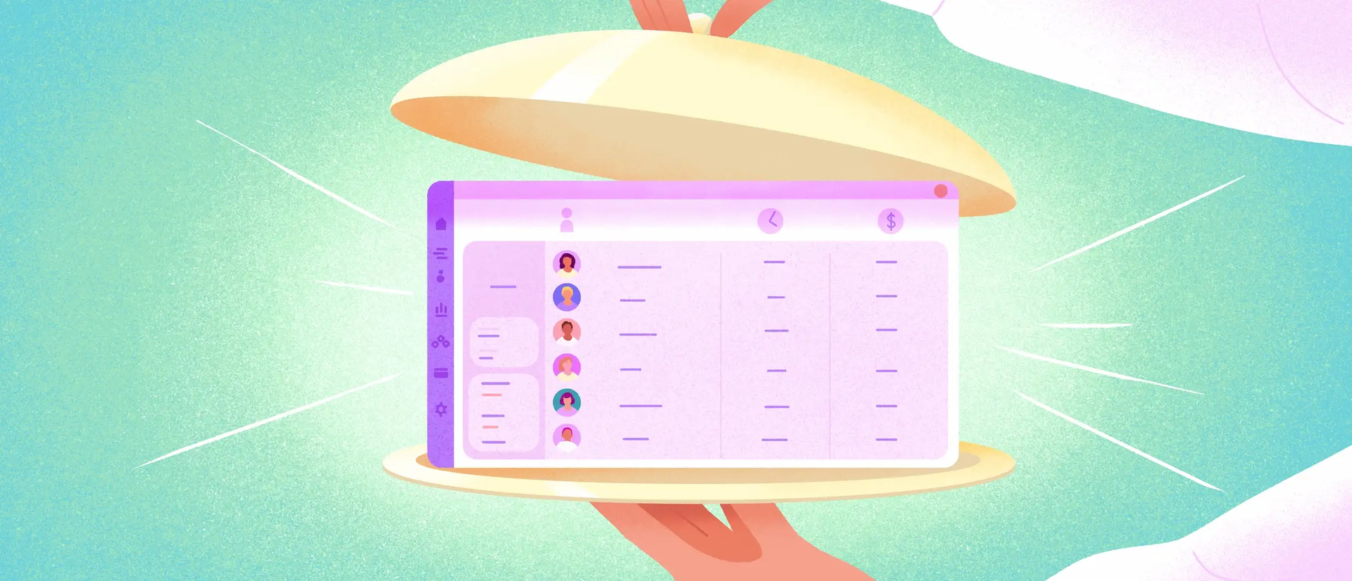 A payroll software interface displayed under a restaurant cloche.