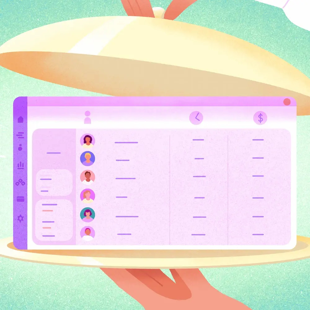 A payroll software interface displayed under a restaurant cloche.