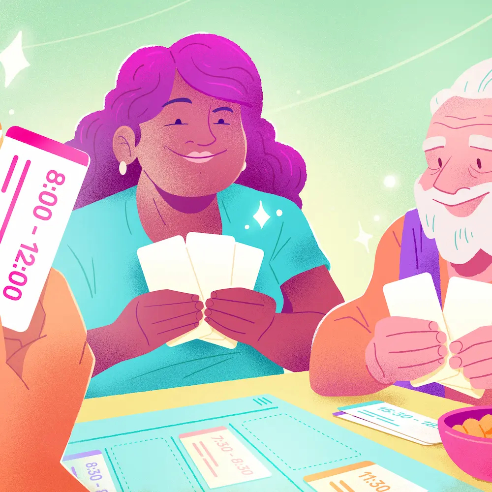 Illustration de trois employés choisissant leurs quarts sous forme de cartes, symbolisant l'autoplanification des horaires.