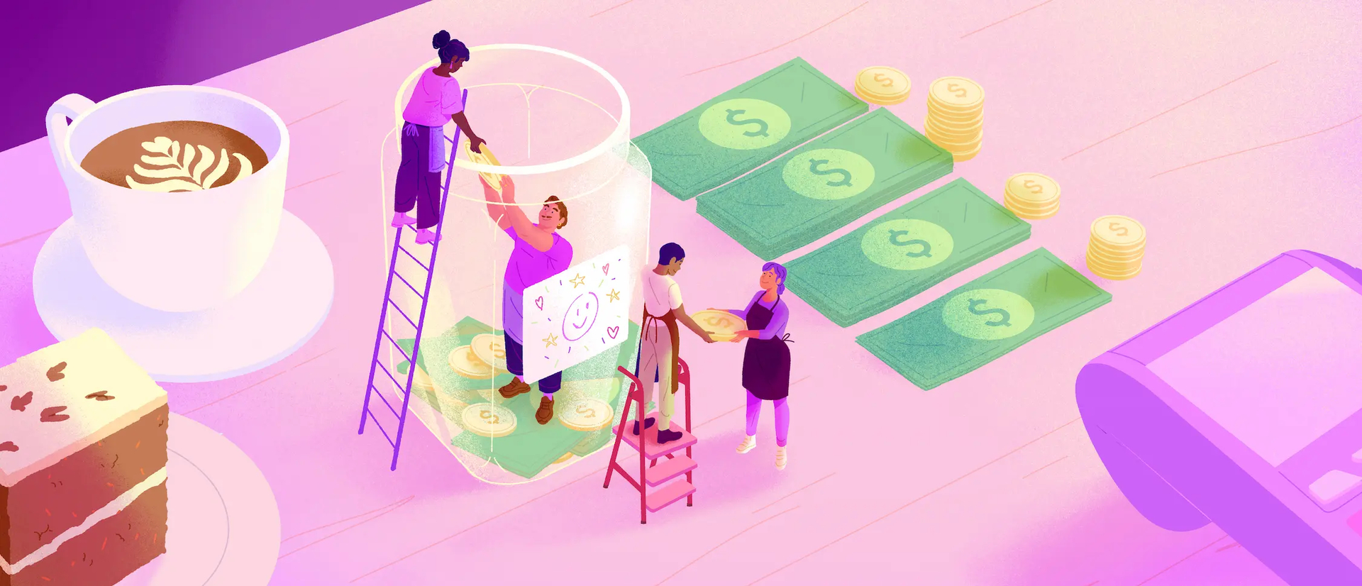 Illustration d'employés de restauration répartissant des pourboires dans un bocal géant, évoquant une convention de partage des pourboires.