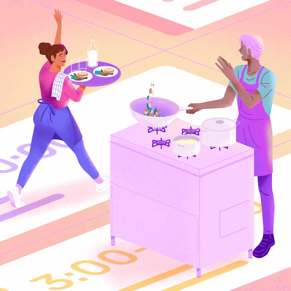 Illustration of two restaurant employees preparing and serving food on a large calendar background, representing restaurant scheduling software and shift management.