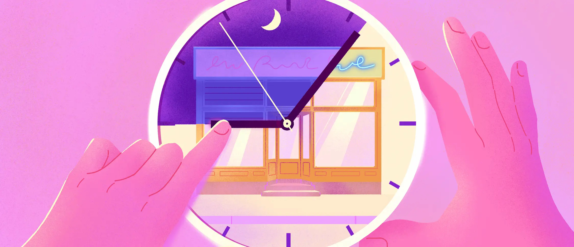 Two hands holding a clock displaying a retail store at night, illustrating the new extended store hours