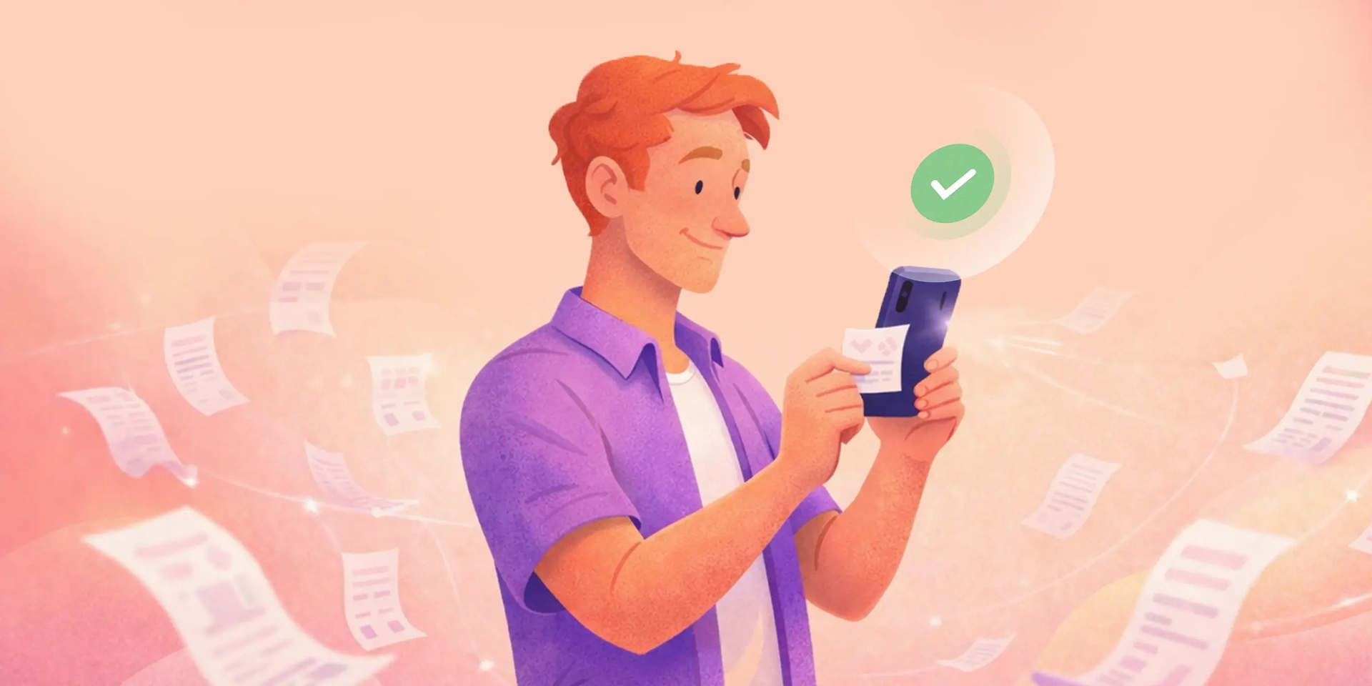 Illustration d'un employé numérisant un reçu avec son téléphone via un logiciel de gestion de notes de frais.