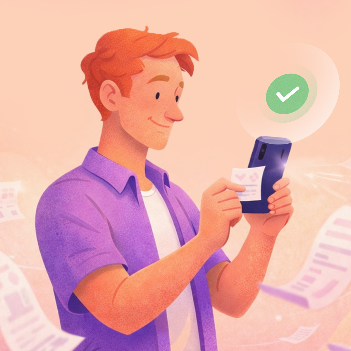 Illustration d'un employé numérisant un reçu avec son téléphone via un logiciel de gestion de notes de frais.