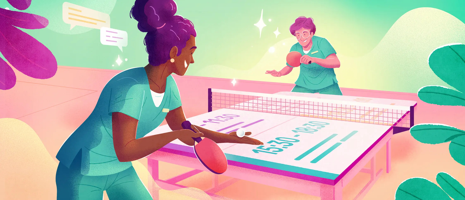 Illustration de deux collègues jouant au ping-pong pendant une pause, symbolisant l'amitié au travail.