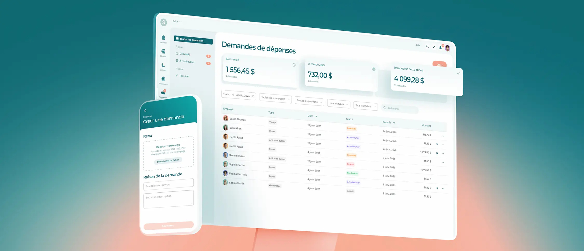 Interface mobile et web de la gestion des dépenses dans Agendrix