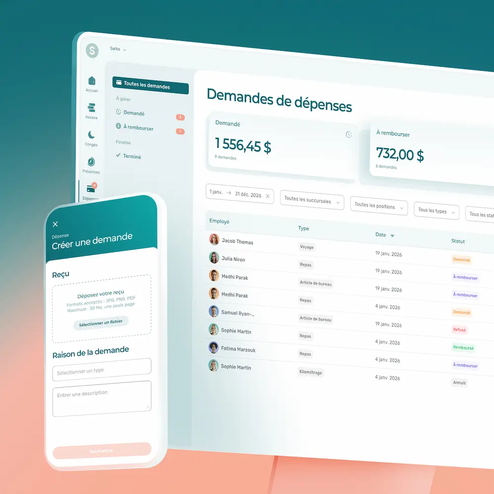 Interface mobile et web de la gestion des dépenses dans Agendrix