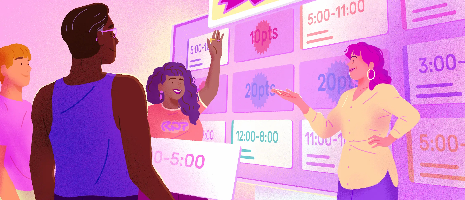 Illustration of employees interacting with a gamified shift board featuring points, representing gamification in the workplace.