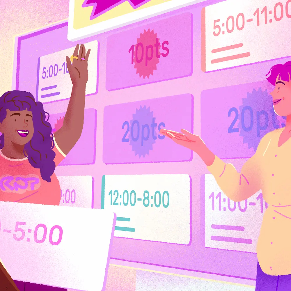 Illustration of employees interacting with a gamified shift board featuring points, representing gamification in the workplace.