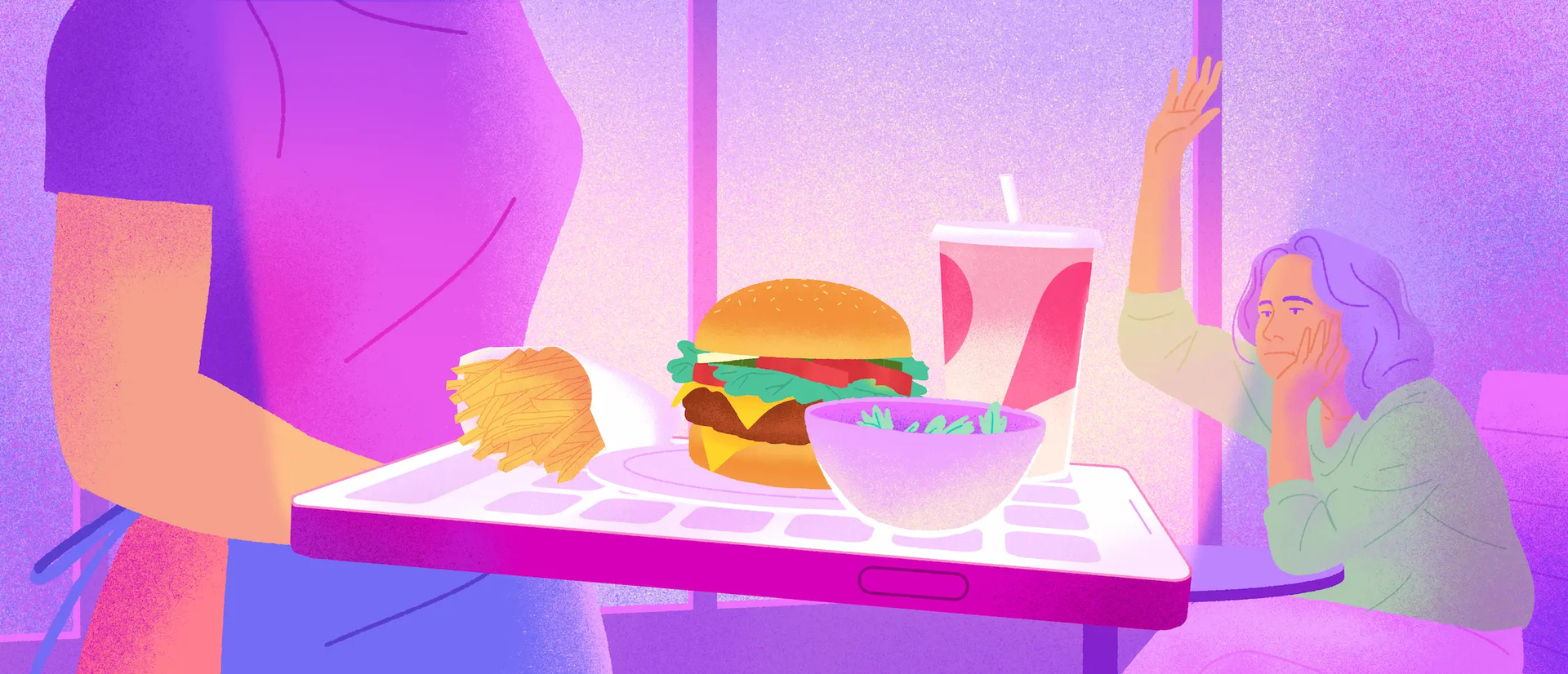 Illustration d'une serveuse portant un plateau en forme de cellulaire au travail avec un repas de restaurant.