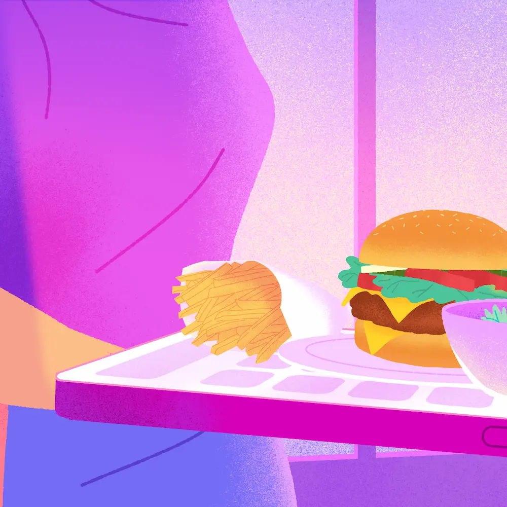 Illustration d'une serveuse portant un plateau en forme de cellulaire au travail avec un repas de restaurant.