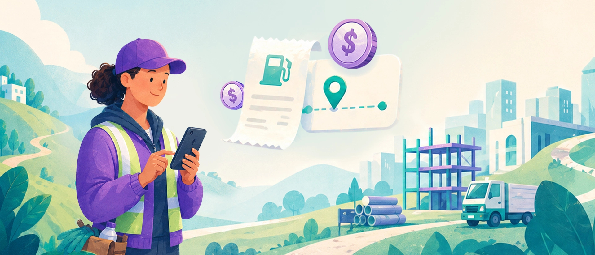 Illustration of a field worker submitting expenses on his phone with fuel and mileage receipts using expense management software.