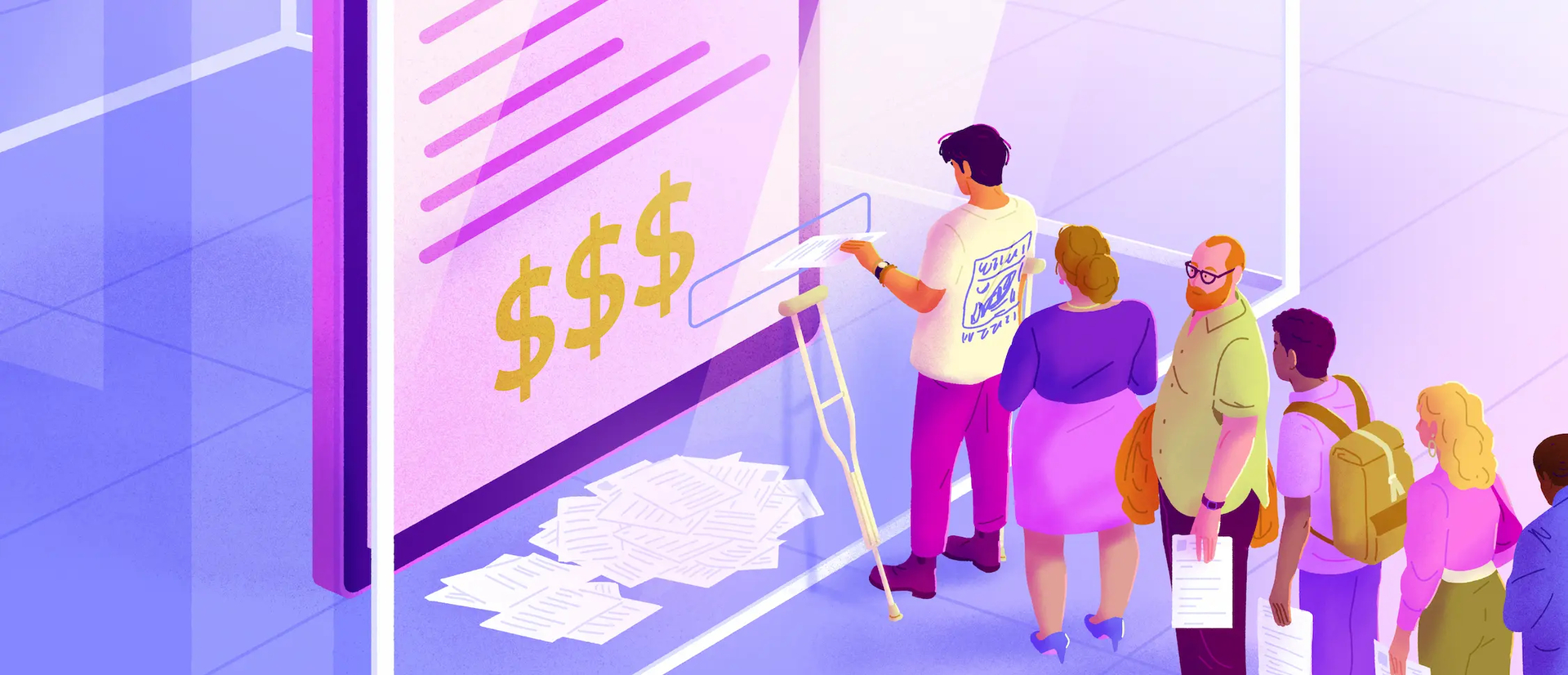 Pay transparency illustrated by diverse job candidates lining up to view a publicly posted salary range.