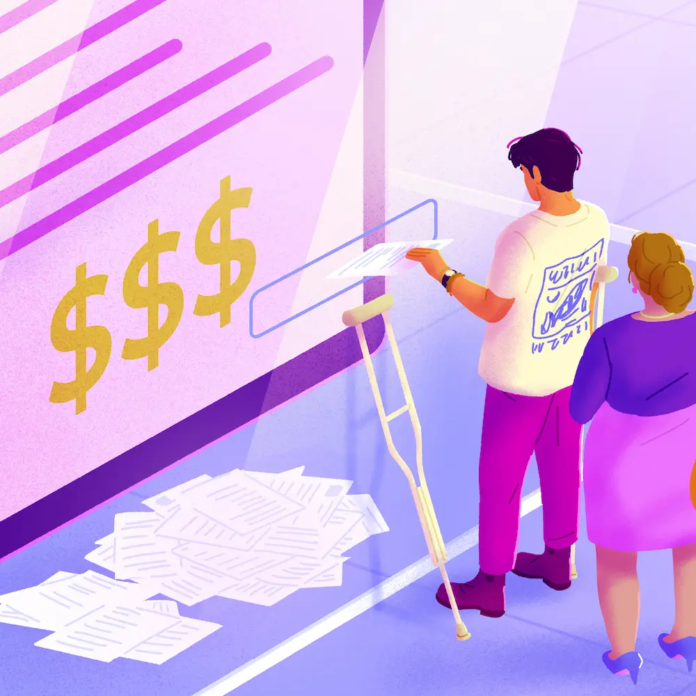 Pay transparency illustrated by diverse job candidates lining up to view a publicly posted salary range.