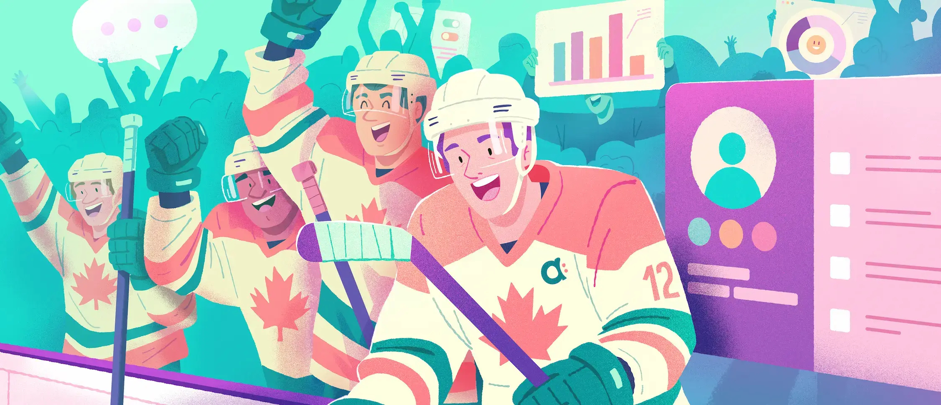 Logiciel RH au Québec illustré par une équipe de hockey célébrant devant des tableaux de bord et fiches employés.