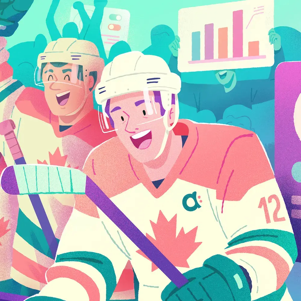 Logiciel RH au Québec illustré par une équipe de hockey célébrant devant des tableaux de bord et fiches employés.