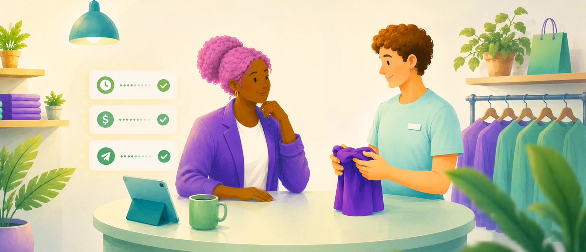Retail store manager and employee talking at the counter, with payroll processing steps shown as completed checkmarks