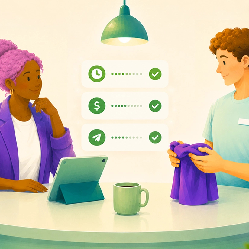 Gestionnaire et employée d'une boutique de vêtements discutent au comptoir, avec des indicateurs de gestion de la paie validés à l'écran