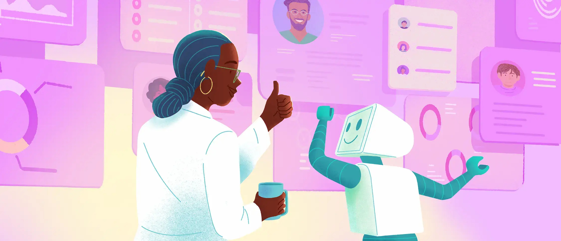 Intelligence artificielle en ressources humaines : gestionnaire approuvant un robot devant des fiches d'employés.