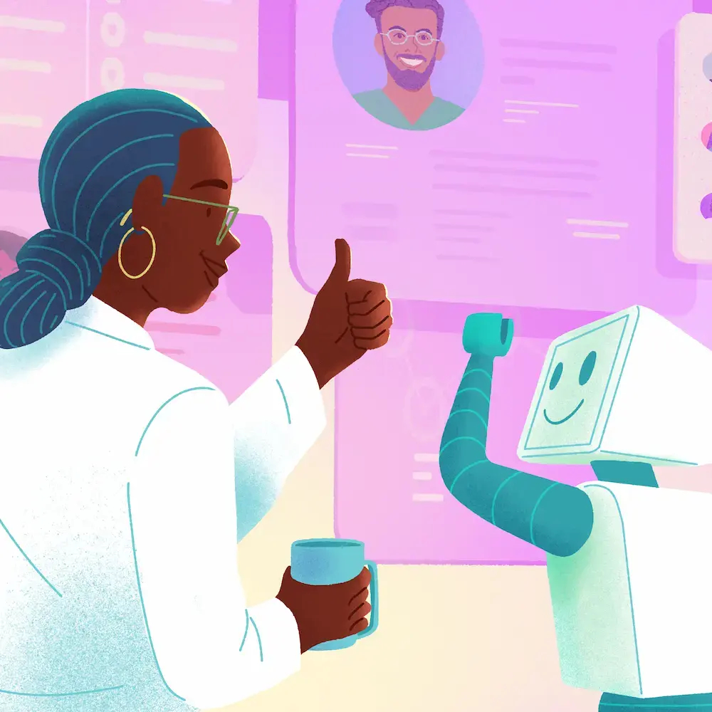 Intelligence artificielle en ressources humaines : gestionnaire approuvant un robot devant des fiches d'employés.