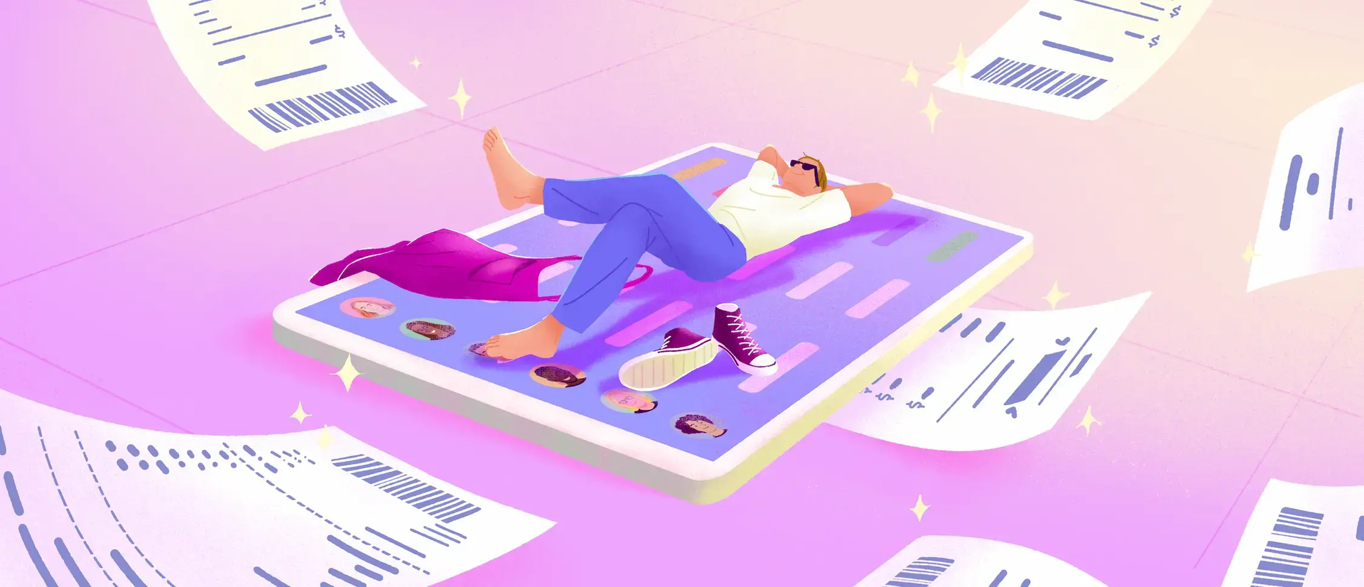 Employee expense reimbursement illustrated by a relaxed manager lying on a tablet surrounded by floating receipts.