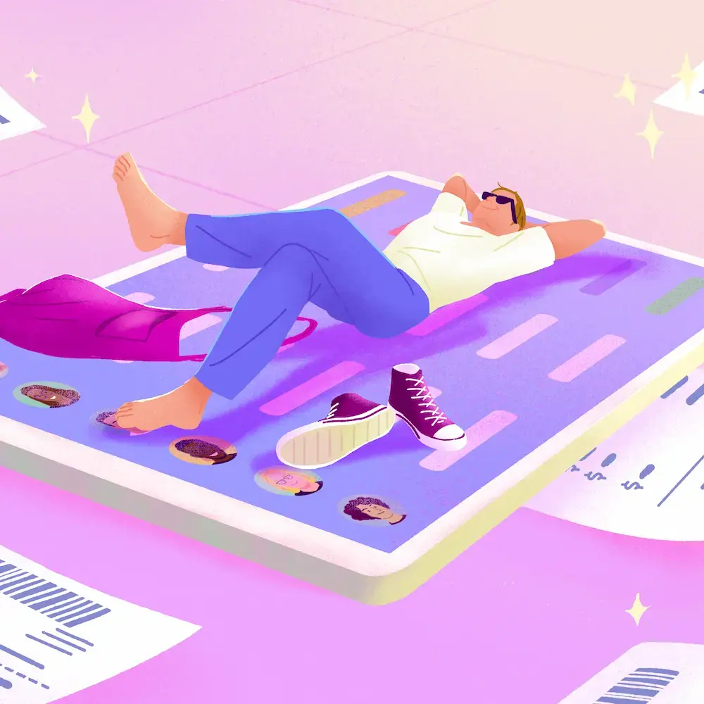 Employee expense reimbursement illustrated by a relaxed manager lying on a tablet surrounded by floating receipts.
