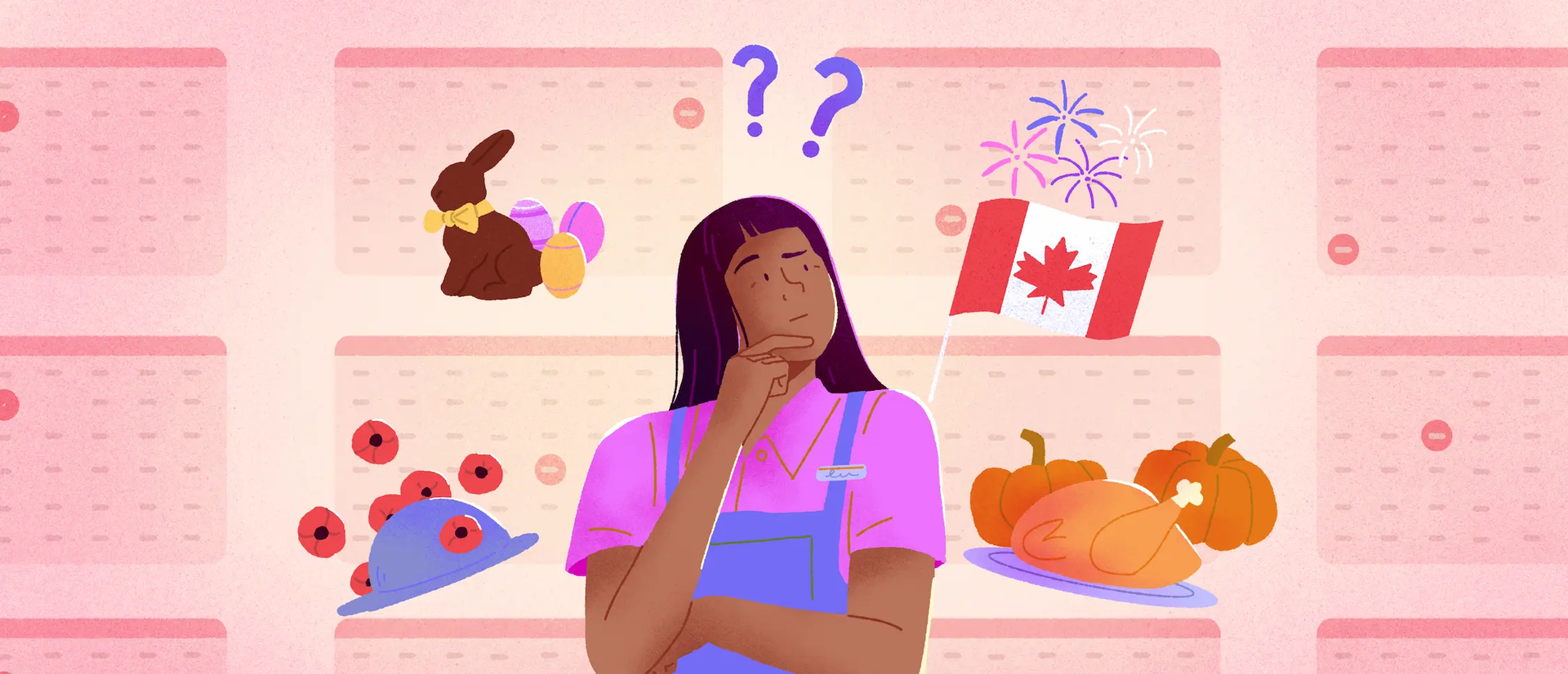 Stat holiday pay illustrated by a pensive worker surrounded by Easter, Canada Day, Remembrance Day and Thanksgiving symbols.